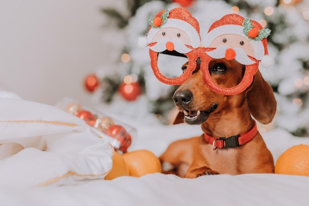 Dachshund in funny glasses with Santa Claus is lying on a white sheet near the Christmas tree