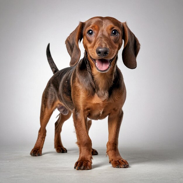 a dachshund is jumping with his tail up