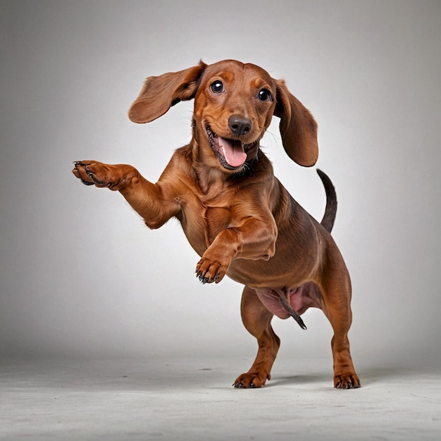 a dachshund is jumping with his tail up