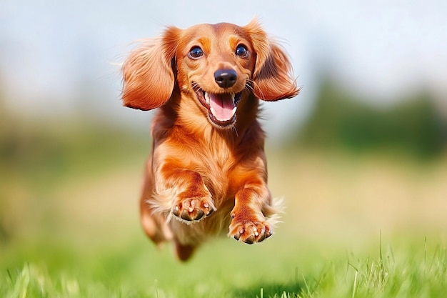 A dachshund jumps in the air with his paws in the air