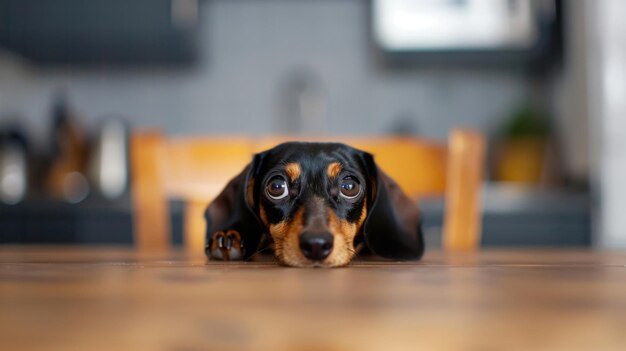 Photo dachshund looking up at kitchen table