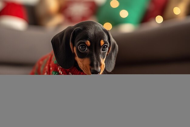 Photo dachshund puppy in festive sweater with gift