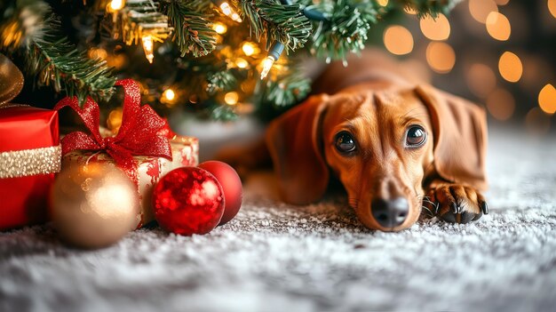 A dachshund relaxing beneath a beautifully decorated Christmas tree surrounded by gifts