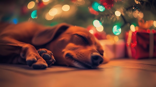 Dachshund relaxing peacefully by the Christmas tree surrounded by festive decorations