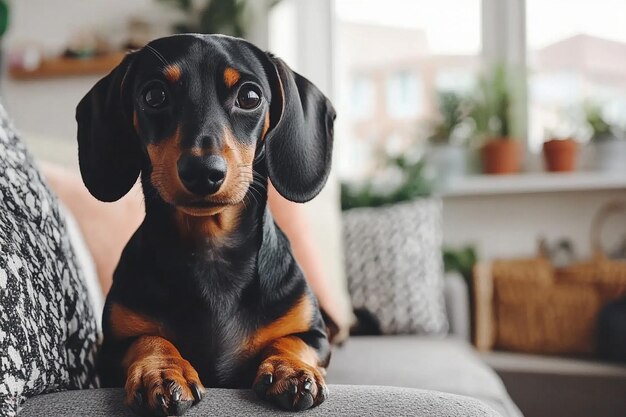 A dachshund sits on a couch with a window behind him