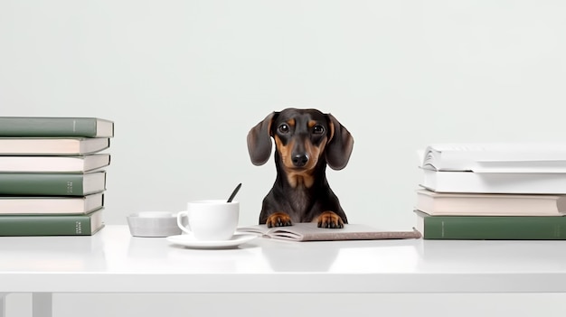 Dachshund sitting in a study with a mug and stacks of books