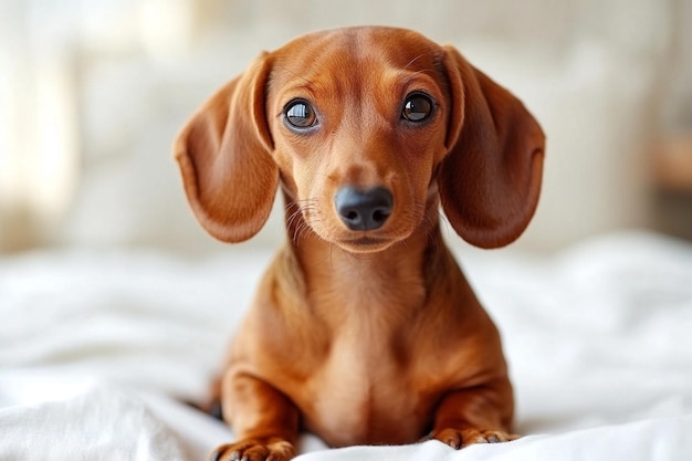 A dachshund sitting on a white surface