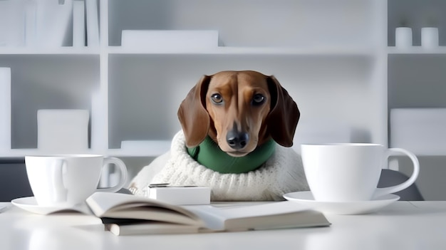 Dachshund in a sweaters sitting in a study with a mug and stacks of books