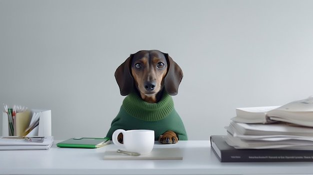 Dachshund in a sweaters sitting in a study with a mug and stacks of books