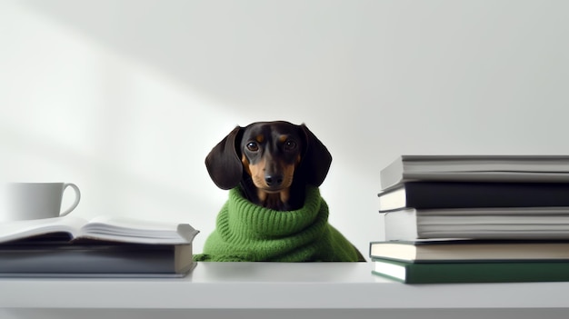 Dachshund in a sweaters sitting in a study with a mug and stacks of books