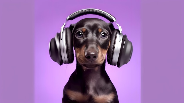 Dachshund wearing headphones on purple background