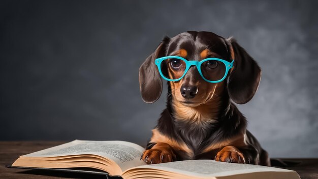 a dachshund with glasses reading a book