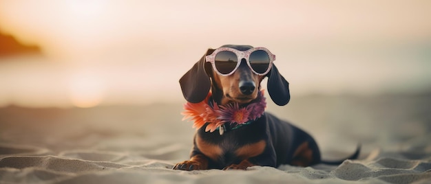 A dachshund with sunglasses on on the beach