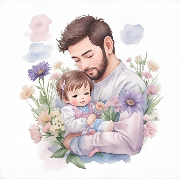 Dad and cute baby with flowers Chibi style in watercolor style