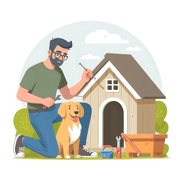 Photo dad fixing dog house vector illustration dad making dog house