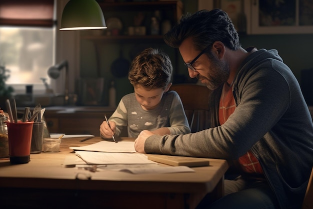 Dad helping his son with homework at the kitchen Generative ai