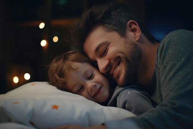 Dad lies with his eyes closed on a pillow with a child, puts him to bed in a good mood