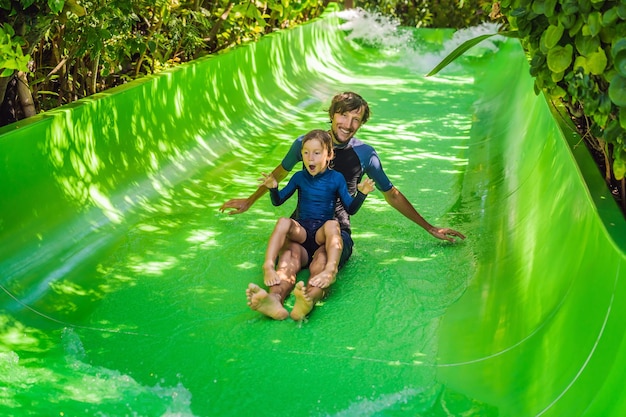 Dad and son have fun at the water park