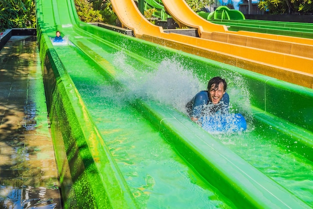 Dad and son have fun at the water park