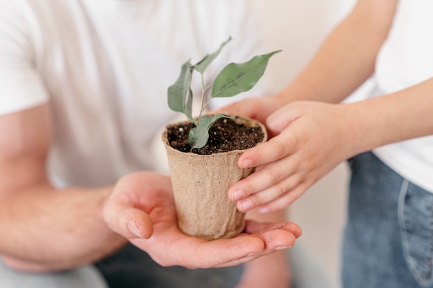 Dad and son holding pot of plant