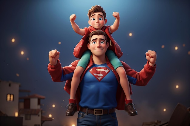 Dad in superhero costume holds son on his shoulders Happy Fathers day greeting card