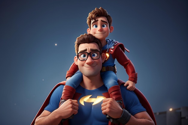 Dad in superhero costume holds son on his shoulders Happy Fathers day greeting card