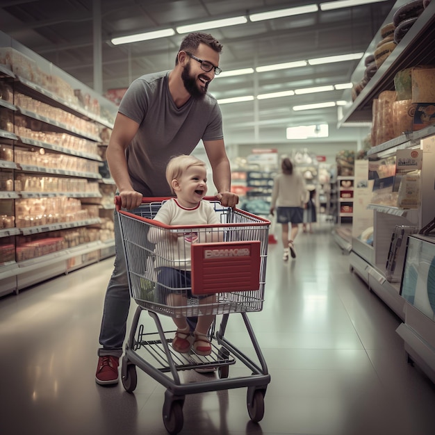 daddy is pushing the baby carriage in the supermarket