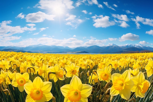 Daffodil Field with Mountain Backdrop on a Sunny Spring Day