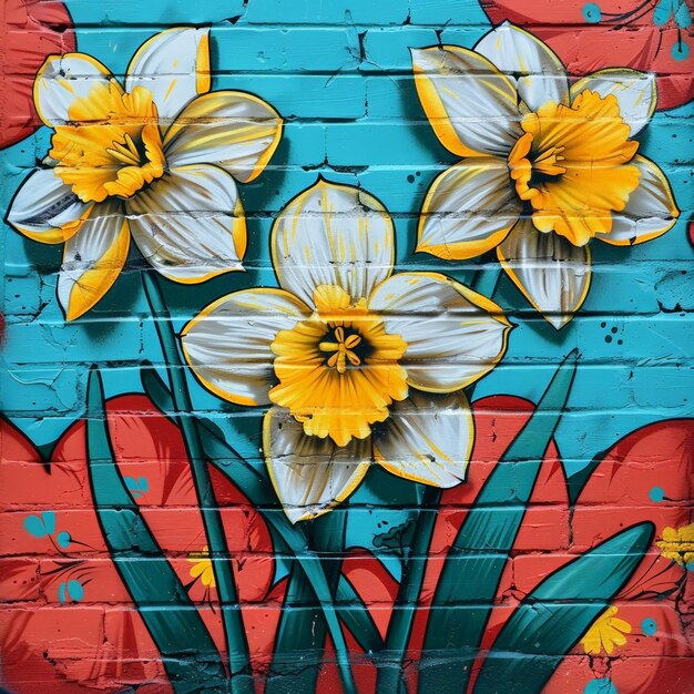 Photo daffodil pattern in street art graffiti style urban and bold energetic colors