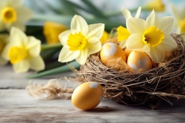 Daffodils in beautiful natural landscape with bokeh in Background