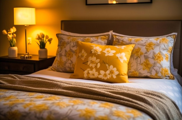 Daffodils and pillows on a bed