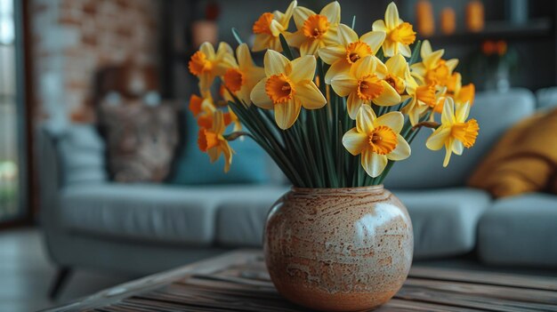 Daffodils in a Vase on a Wooden Table