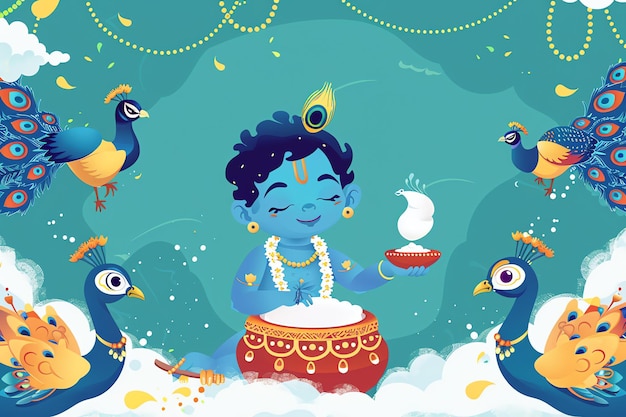 Photo dahi handi pot of curd and krishna with peacocks and krishnas playful expressions greeting card for