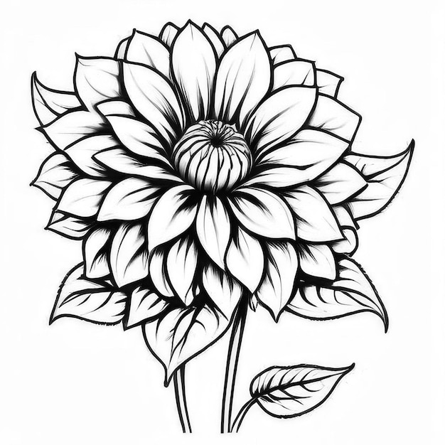 Photo dahlia flower outline black and white cute coloring book