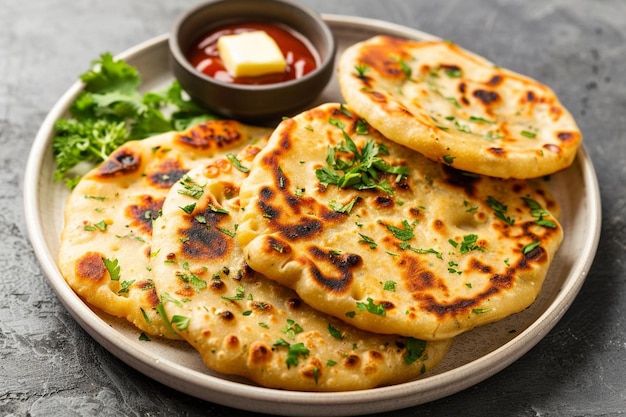 Daikon or radish or mooli stuffed paratha served in a plate with butter and tomato ketchup