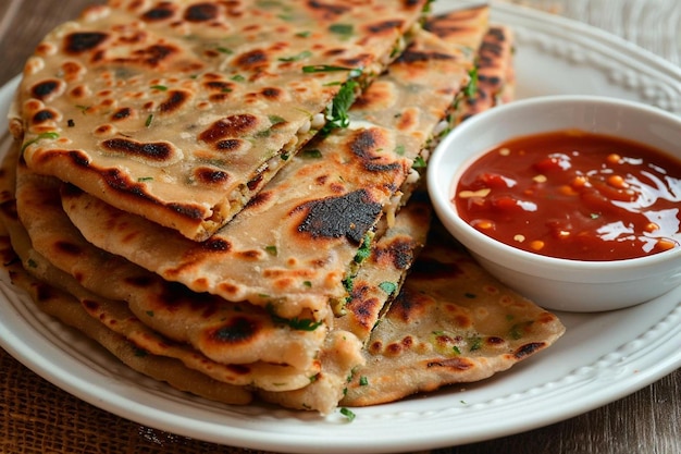 Daikon or radish or mooli stuffed paratha served in a plate with butter and tomato ketchup