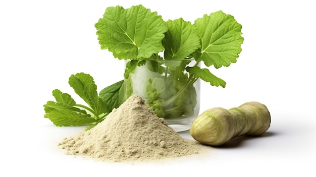 Daikon radish with leaves and powder isolated on white background