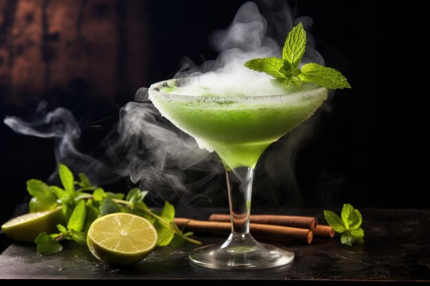 Daiquiri in modern glass and smoke of ice with gold and decoration AI generated