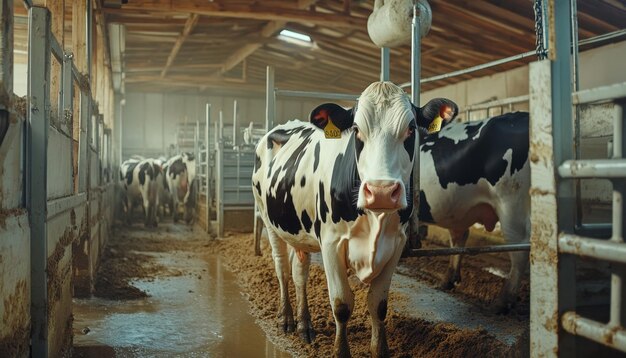 Photo dairy cows in a barn at sunrise with soft light illuminating the space