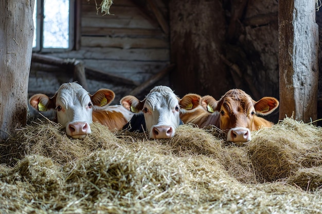 Photo dairy cows eating hay in barn on farm