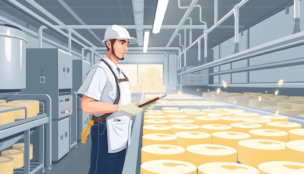 Dairy factory worker controlling cheese food production isolated with white highlights