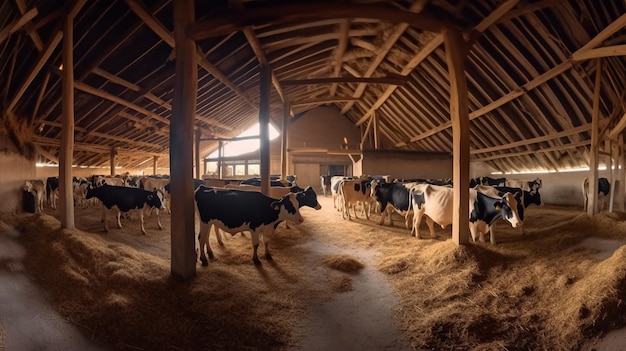 Dairy farm barn panoramic with inside roof and several cows eating hay Generative AI