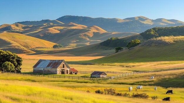 Dairy farm with cows grazing peacefully in the meadow with the backdrop of rolling hills and a clear blue sky