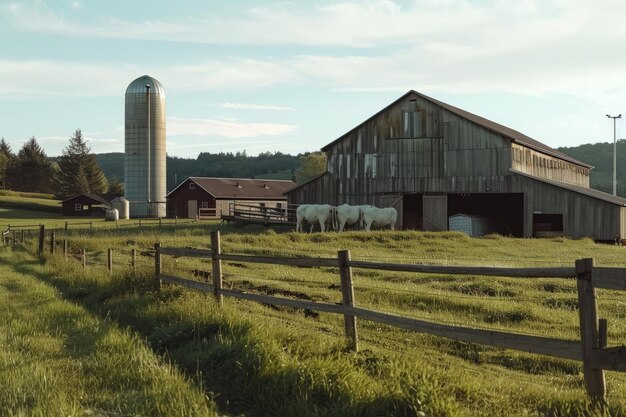 Photo a dairy farm with a large barn and a large building with a large roof