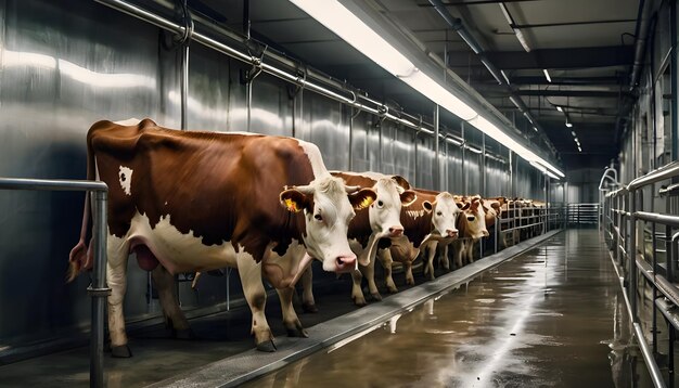 Photo dairy milking parlor cows in parallel stanchions with udders displayed concrete floor