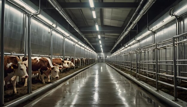 Photo dairy milking parlor cows in parallel stanchions with udders displayed concrete floor