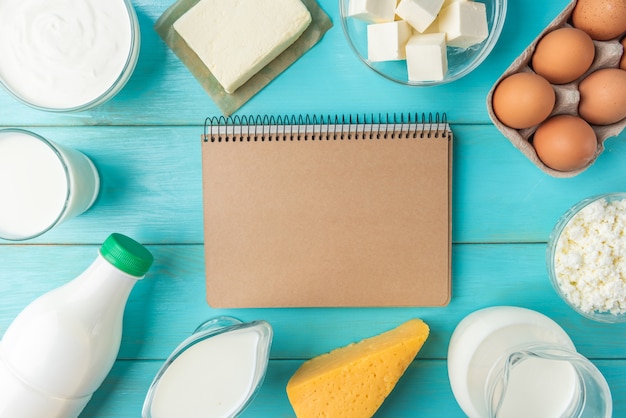 Dairy products on a blue wooden table