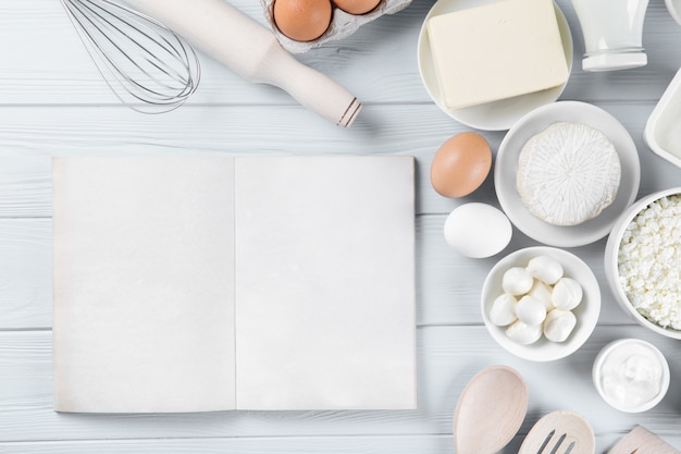 Dairy products on wooden table