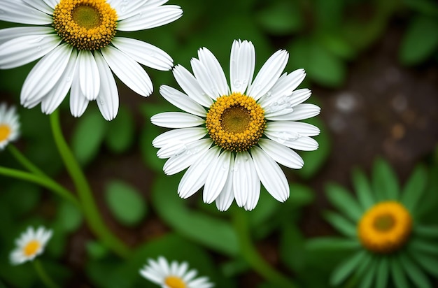 Daisies after the rain with raindrops Generative AI