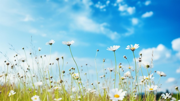 daisies are in a field of grass and the sky is blue